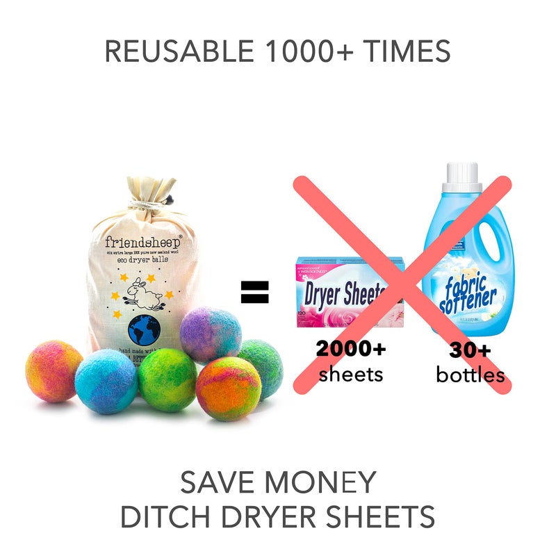 Friendsheep Wool Dryer Balls, Organic Reusable Fabric Softener Alternative for Laundry, Handmade, Fair Trade, Hypoallergenic, Eco-Friendly, Plastic-Free (6 Pack XL - Galxy Tie Dye) - Image 3