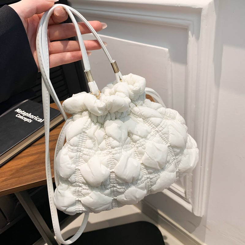 Simple Rhomboid Drawstring Wrinkle Bucket Bag Women'S Nylon Cloud Shoulder Crossbody Bag Lightweight Dumpling Bag - Image 2