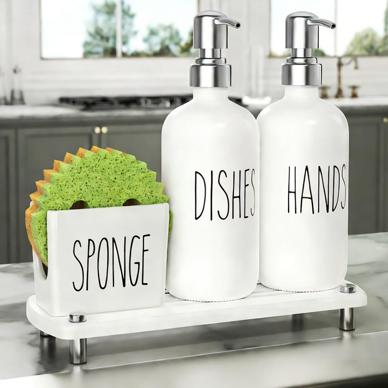 Cisily Kitchen Soap Dispenser Set Comes with Ceramics Sponge Holder, Silver Pumps, and Instant Dry Tray, Hand and Dish Soap Dispenser Set Suitable for Black and Silver Kitchen Decor and Accessories - Image 1