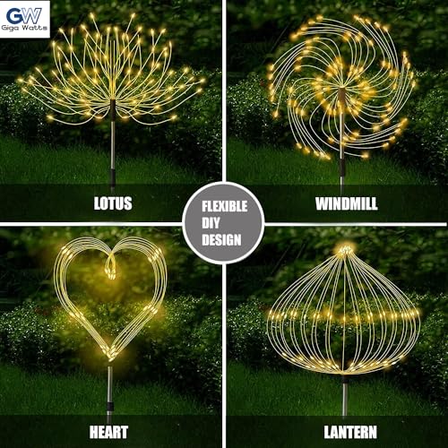 GIGAWATTS Outdoor 90 LEDs Solar Firework Light 2 Lightning Modes Starburst Design Water Resistant Garden StringLights for Party Decor Patio Lawn Yard (Warm Yellow, Pack of 1) - Image 4