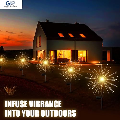 GIGAWATTS Outdoor 90 LEDs Solar Firework Light 2 Lightning Modes Starburst Design Water Resistant Garden StringLights for Party Decor Patio Lawn Yard (Warm Yellow, Pack of 1) - Image 3