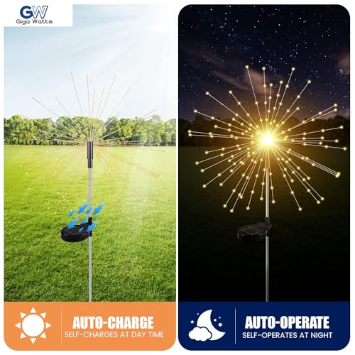 GIGAWATTS Outdoor 90 LEDs Solar Firework Light 2 Lightning Modes Starburst Design Water Resistant Garden StringLights for Party Decor Patio Lawn Yard (Warm Yellow, Pack of 1) - Image 2