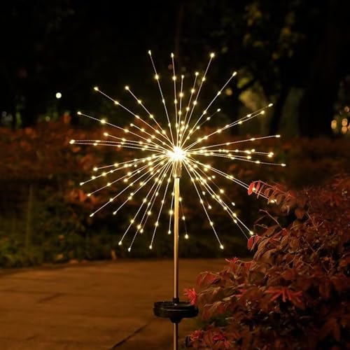 GIGAWATTS Outdoor 90 LEDs Solar Firework Light 2 Lightning Modes Starburst Design Water Resistant Garden StringLights for Party Decor Patio Lawn Yard (Warm Yellow, Pack of 1) - Image 1