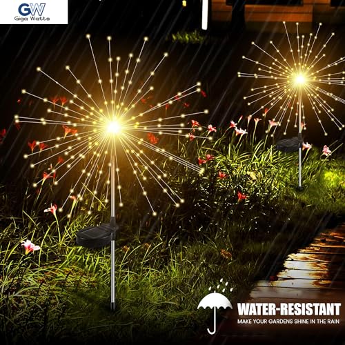 GIGAWATTS Outdoor 90 LEDs Solar Firework Light 2 Lightning Modes Starburst Design Water Resistant Garden StringLights for Party Decor Patio Lawn Yard (Warm Yellow, Pack of 1) - Image 5