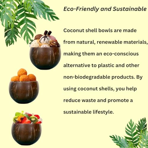 NAMAKA Pack of 4 Nos 250 to 300 ml Coconut Shell Bowls - Glossy & Polished, Flat-Bottomed for Stability, Eco-Friendly &Durable, Ideal for Ice Cream, Snacks, Soup, Hot & Cold Beverages. - Image 3