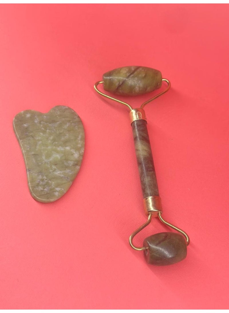 مجموعة أدوات غوا شا الطبيعية المضادة للشيخوخة للوجه، بكرة اليشم الأخضر لتدليك الوجه والرقبة - Image 1