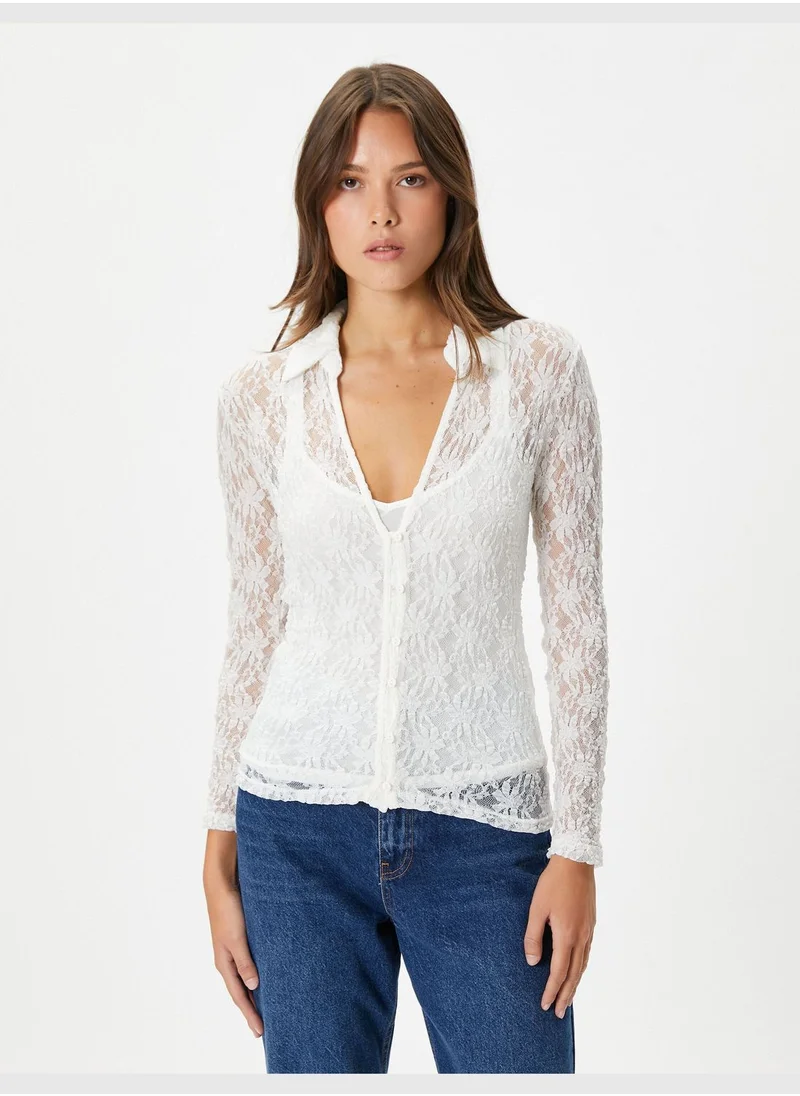 KOTON Long Sleeve Slim Fit Buttoned Lacy Shirt