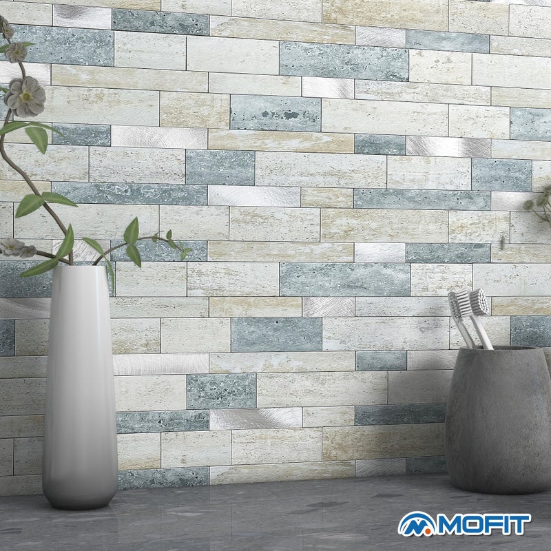 M MOFIT MOFIT Backsplash Tile for Kitchen Peel and Stick Stone Matte Finish,Bathroom Tiles Stickers 3D Wall Panel Linear Mosaic Marble Backsplash Waterproof(10sheets,Blue Green Gray) - Image 3