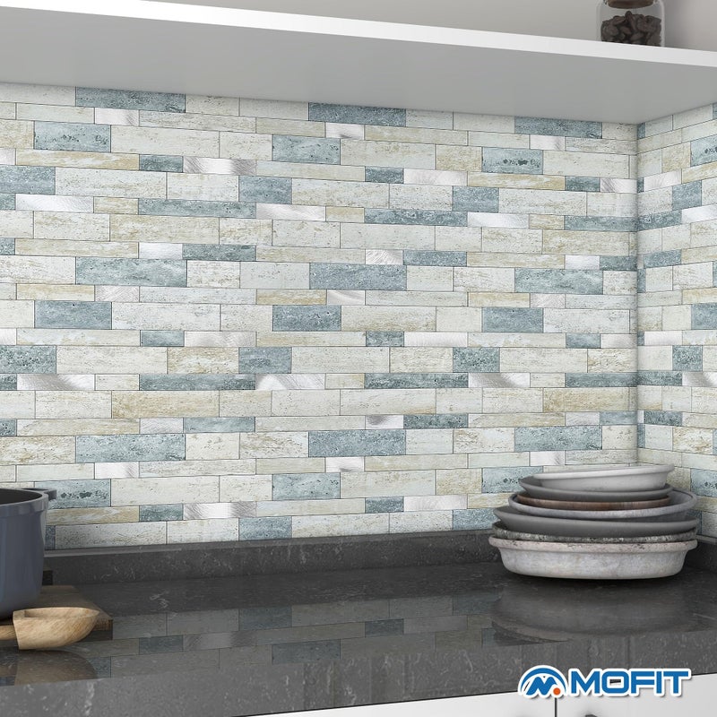 M MOFIT MOFIT Backsplash Tile for Kitchen Peel and Stick Stone Matte Finish,Bathroom Tiles Stickers 3D Wall Panel Linear Mosaic Marble Backsplash Waterproof(10sheets,Blue Green Gray) - Image 4