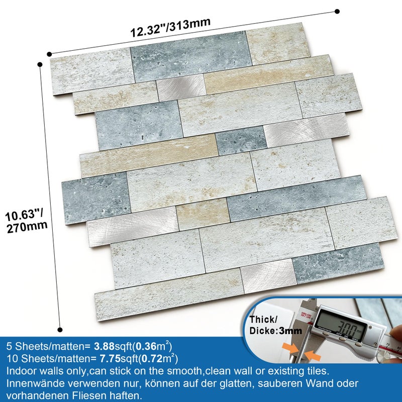 M MOFIT MOFIT Backsplash Tile for Kitchen Peel and Stick Stone Matte Finish,Bathroom Tiles Stickers 3D Wall Panel Linear Mosaic Marble Backsplash Waterproof(10sheets,Blue Green Gray) - Image 5
