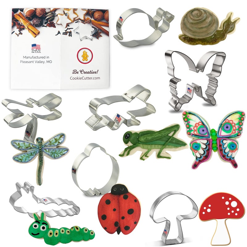 Foose Cookie Cutter 7 Piece Insect 35 in Dragonfly 425 in Caterpillar 3 in Ladybug 45 in Butterfly 35 in Grasshopper 425 in Snail 325 in Mushroom  USA Made