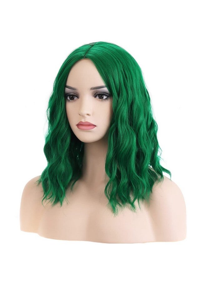 RightOn Emerald Green Wig For Women Short Curly Wig Green Bob Wig Beach Wave Wigs Shoulder Length Wig With Wig Cap - Image 1