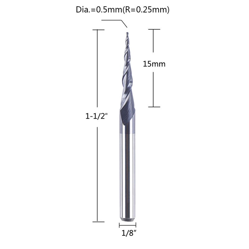 SpeTool 5Pcs Tapered Ball Nose Carving End Mill 1/8 inch Shank 0.25MM Radius (0.5MM Diameter) Tips 3D Woodworking Tool CNC Router Bits - Image 2