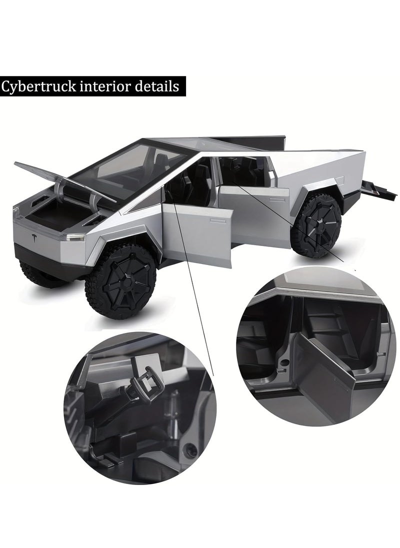 Generic - Boy Toy Tesla Pickup Truck 1:32 Cyber Truck Die-cast Metal Model Car, with Sound and Light, Pull Back, Suitable for Children and Adults and Above as Birthday Gifts (Silver) - Image 1