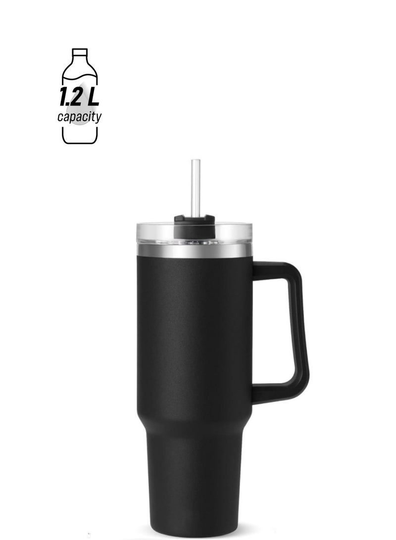 GGEROU 1.2L Tumbler with Lid and Straw Stainless Steel Insulated Tumblers with Handles Water Bottle Travel Coffee Mug Tumbler Cups for Cold and Hot Beverages, Black - Image 1