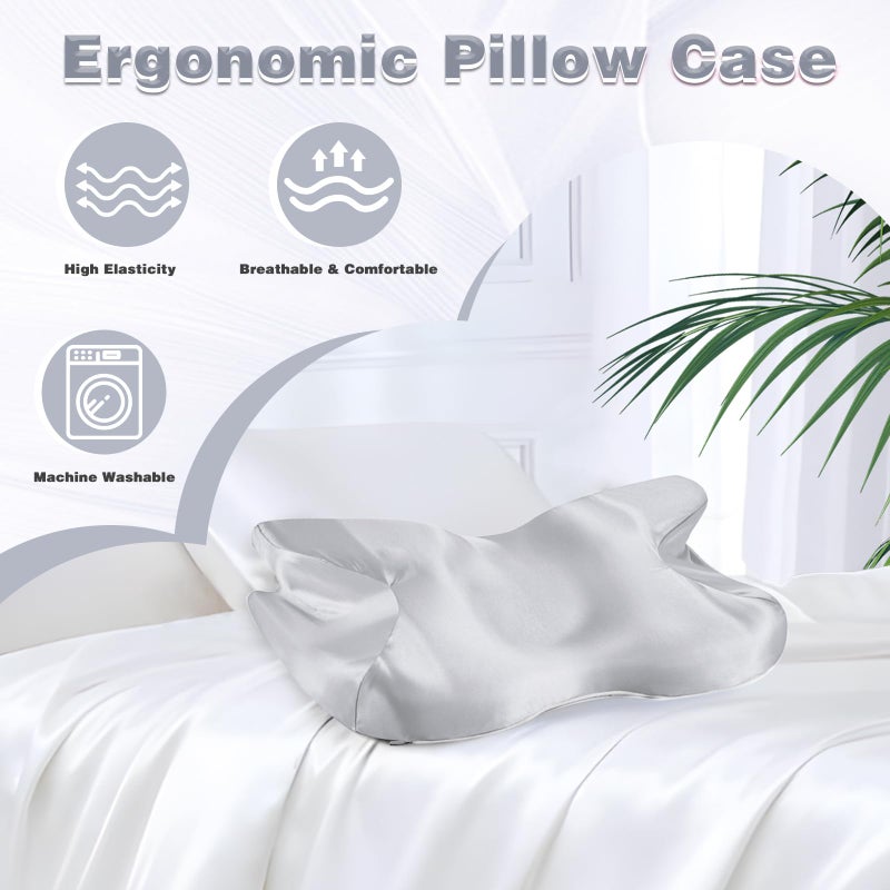 Eychei 2 Pcs Satin Pillowcase for Cervical Pillow, Gray Silky Cervical Pillow Case Contour Pillow Case Cover with Zipper, Smooth Ergonomic Pillowcase for Neck Pillow Cover - Image 4