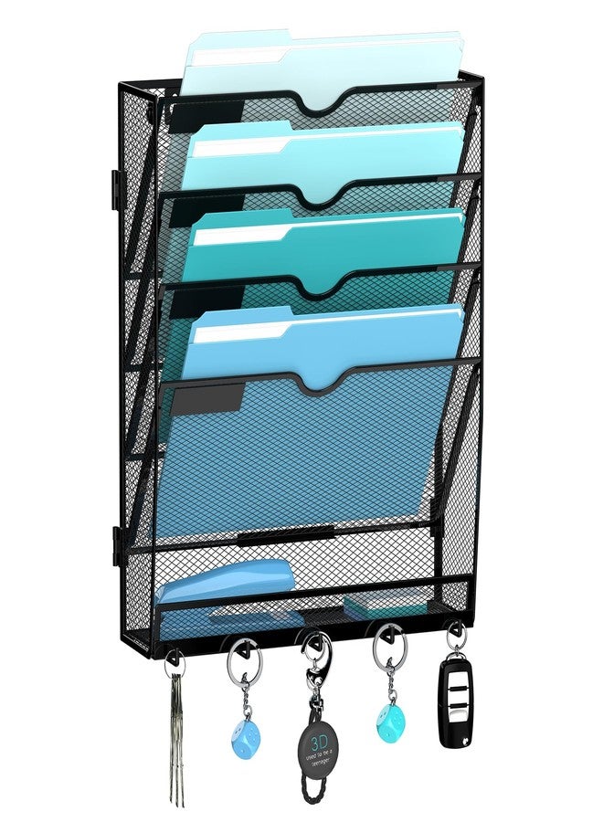 JMHUD 5 Tier Wall File Organizer - Hanging File Organizer with 5 Hooks, Mail Holder Wall Mounted for Papers, Folders, Magazines, Bills, Office&School Organization, Black - Image 1