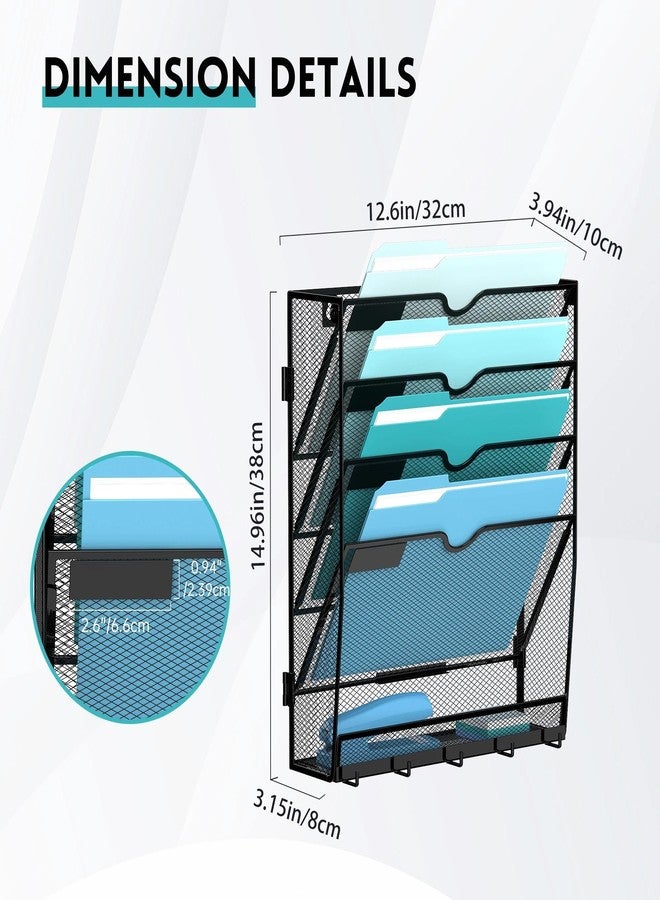 JMHUD 5 Tier Wall File Organizer - Hanging File Organizer with 5 Hooks, Mail Holder Wall Mounted for Papers, Folders, Magazines, Bills, Office&School Organization, Black - Image 3