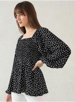 Femmella All-Over Print Smocked Detail Peplum Top by Styli  - Image 3