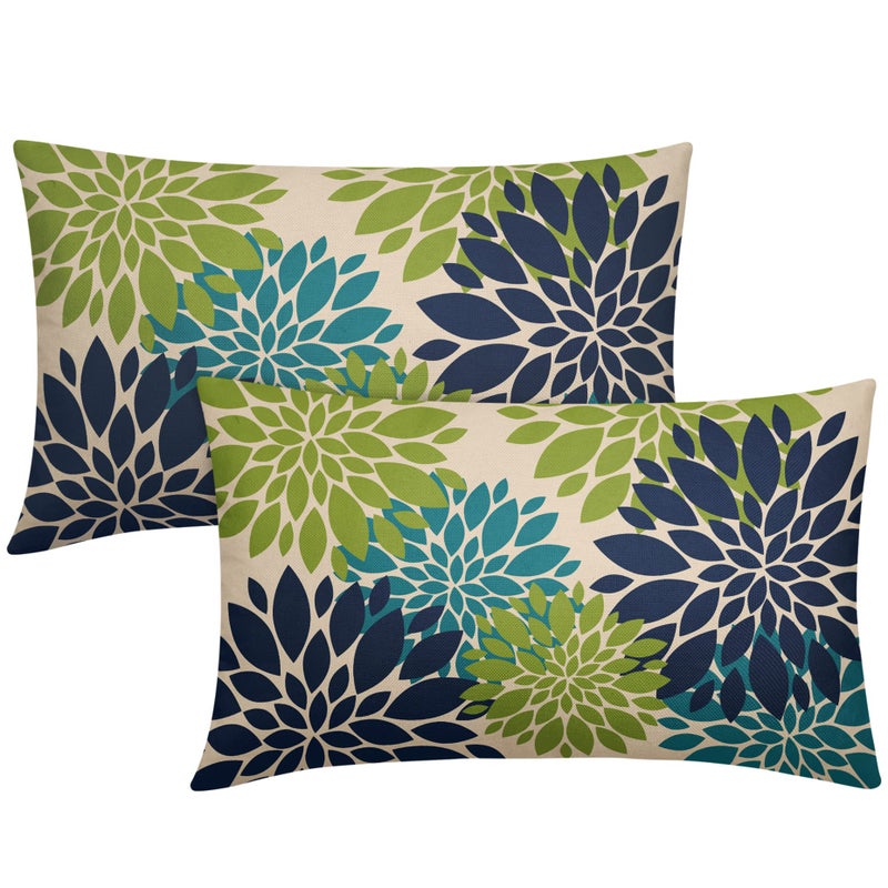 Smozenith Smozenith Navy Blue Green Teal Pillow Covers 12X20 Inch Set of 2  Modern Dahlia Floral Print Decorative Rectangle Throw Pillow Covers Outdoor Farmhouse Cushion Case for Home Couch Sofa Bed Decoration  - Image 1
