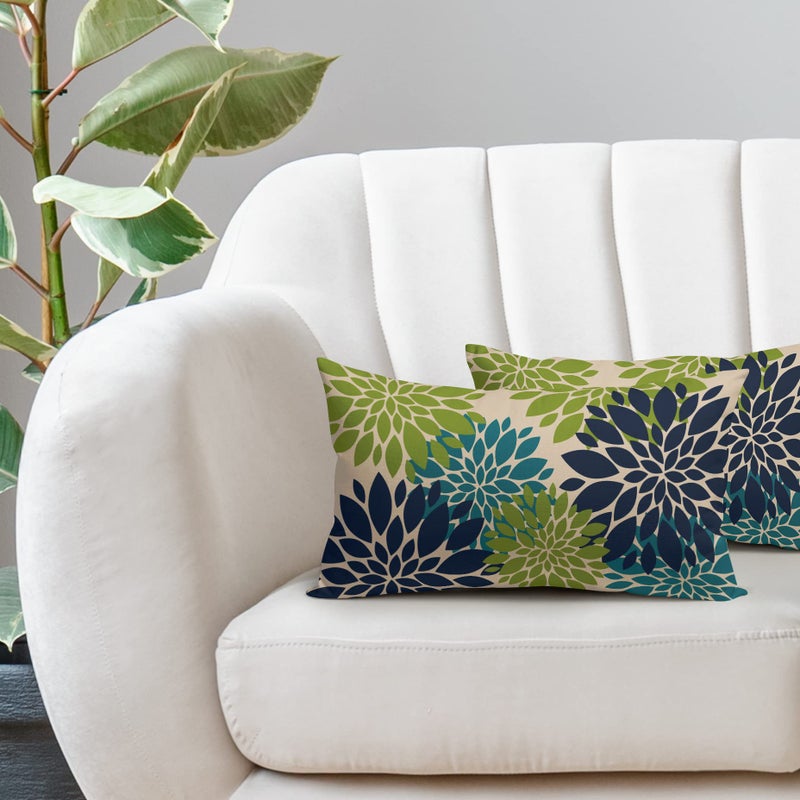 Smozenith Smozenith Navy Blue Green Teal Pillow Covers 12X20 Inch Set of 2  Modern Dahlia Floral Print Decorative Rectangle Throw Pillow Covers Outdoor Farmhouse Cushion Case for Home Couch Sofa Bed Decoration  - Image 2