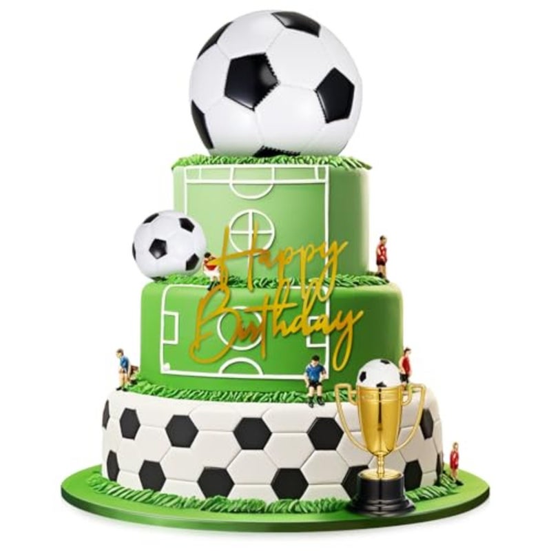 Large Ball Cake Toppers 8pcs Include 5 Balls of Different Sizes 2 Trophies and 1 Happy Birthday Sign for Cake Decoration Sport Theme Party Ceremony - Image 1