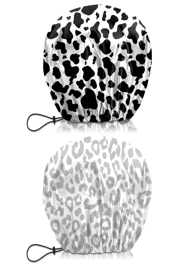 BHAHB 2 PCS Shower Cap Waterproof Double Layer Elastic Adjustable Reusable Hair Bath Caps for Girls Women Cute Aesthetic-Black White - Image 1