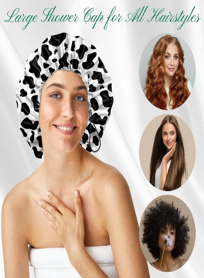 BHAHB 2 PCS Shower Cap Waterproof Double Layer Elastic Adjustable Reusable Hair Bath Caps for Girls Women Cute Aesthetic-Black White - Image 4