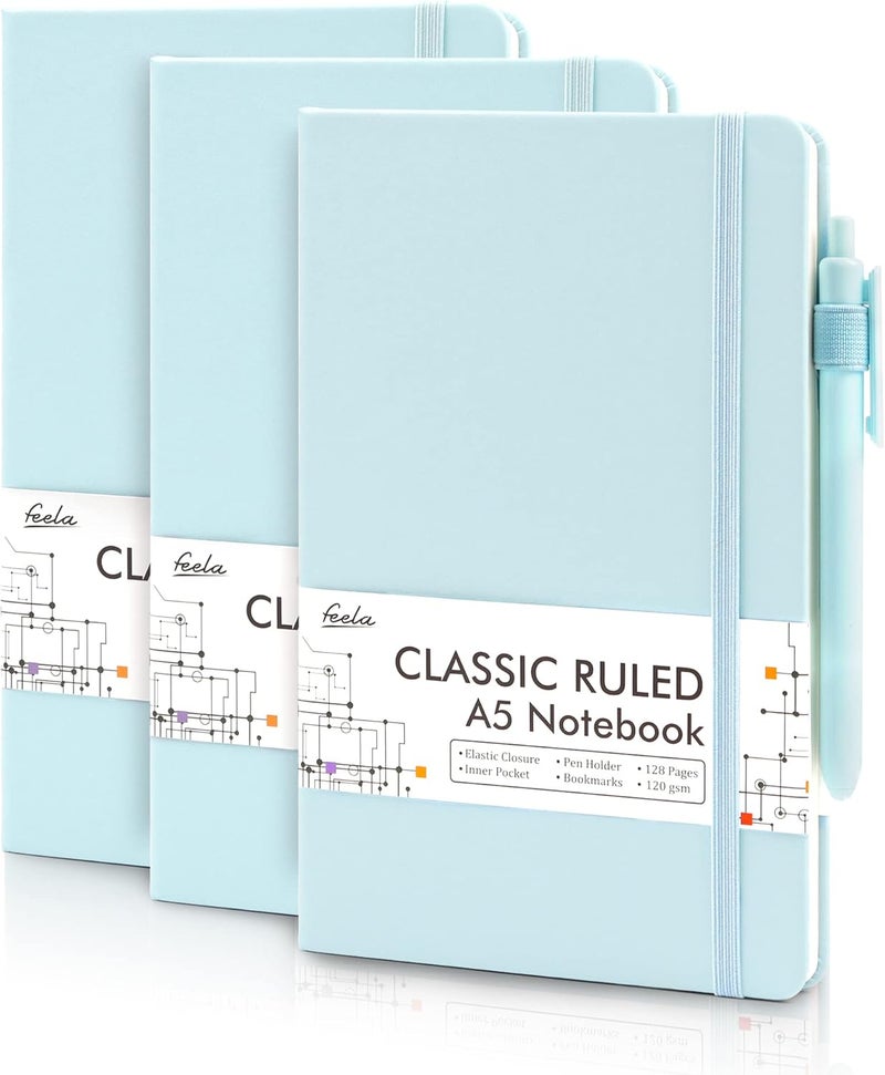 Feela 3 Pack Notebooks Journals Bulk, Hardcover Notebook Classic Ruled Lined Journals with Pen Holder for Women Girls School Business Supplies, with 3 Black Pens, 120 GSM, 5.1”x8.3”, A5, Sky Blue - Image 1