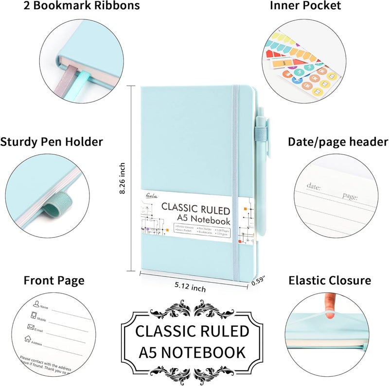 Feela 3 Pack Notebooks Journals Bulk, Hardcover Notebook Classic Ruled Lined Journals with Pen Holder for Women Girls School Business Supplies, with 3 Black Pens, 120 GSM, 5.1”x8.3”, A5, Sky Blue - Image 2