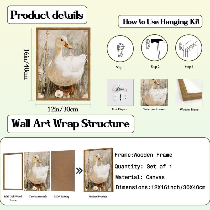 Hwetui Framed Vintage Duck Canvas Wall Art, Cute Farmhouse Animal Pictures Wall Decor, Rustic Country Nature Paintings Prints Cottagecore Home Decor for Living Room Bedroom Bathroom 12x16 inch - Image 5