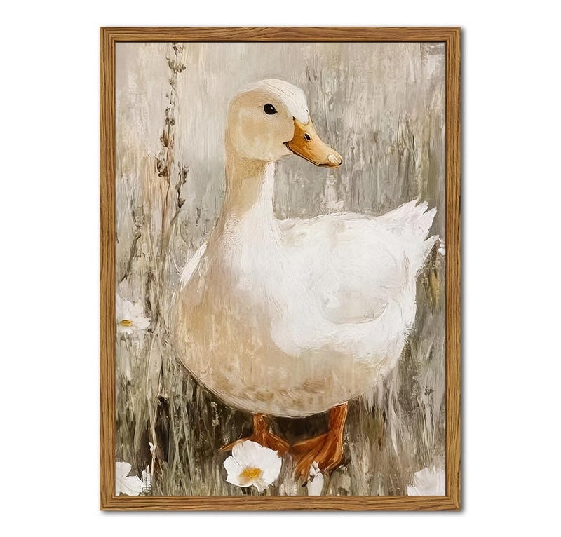Hwetui Framed Vintage Duck Canvas Wall Art, Cute Farmhouse Animal Pictures Wall Decor, Rustic Country Nature Paintings Prints Cottagecore Home Decor for Living Room Bedroom Bathroom 12x16 inch - Image 1