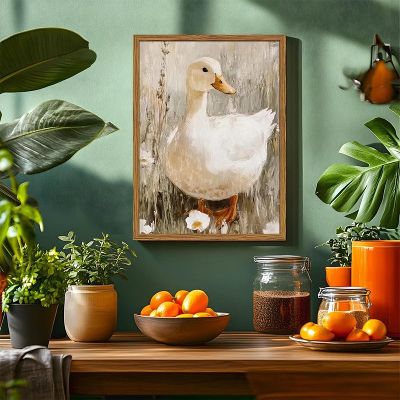 Hwetui Framed Vintage Duck Canvas Wall Art, Cute Farmhouse Animal Pictures Wall Decor, Rustic Country Nature Paintings Prints Cottagecore Home Decor for Living Room Bedroom Bathroom 12x16 inch - Image 3