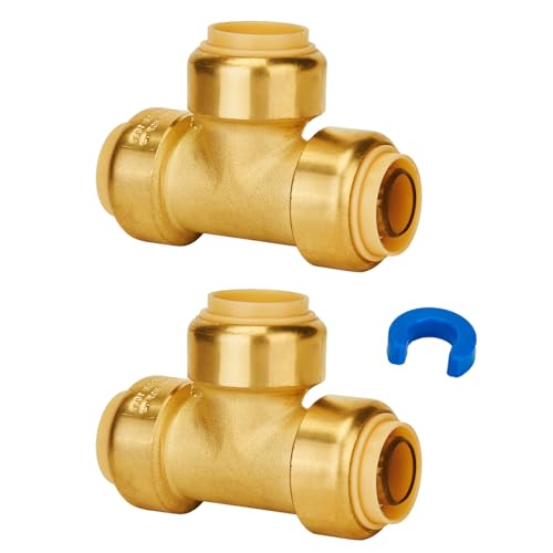 SUNGATOR Tee Plumbing Pipe Connector, 3/4-Inch Push Fit PEX Tee, No Lead Brass T Fittings with Disconnect Clip, Push-to-Connect, Copper, CPVC (2-Pack) - Image 1