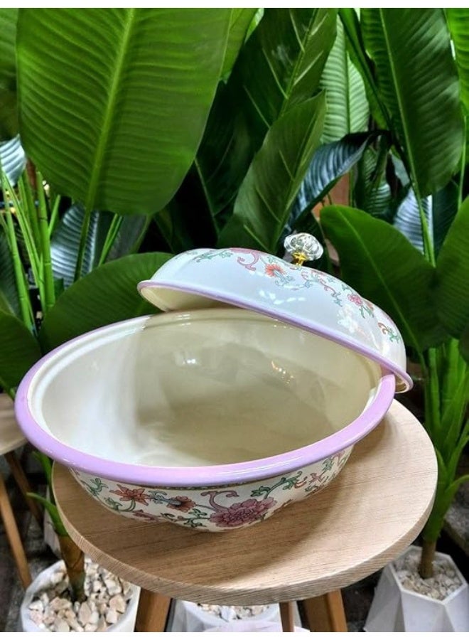 صينية كابسة وطاسة تقديم مع غطاء، مصنوعة من المعدن، مقاس 26 سم، بتصميم زهري، آمنة للاستخدام في الفرن وسهلة التنظيف. - Image 2