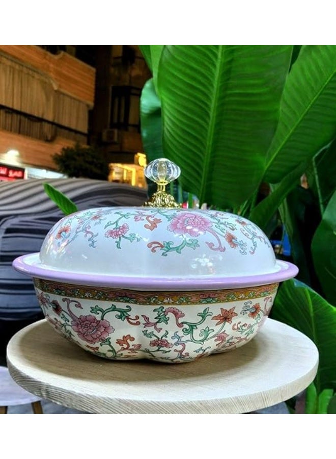 صينية كابسة وطاسة تقديم مع غطاء، مصنوعة من المعدن، مقاس 26 سم، بتصميم زهري، آمنة للاستخدام في الفرن وسهلة التنظيف. - Image 3