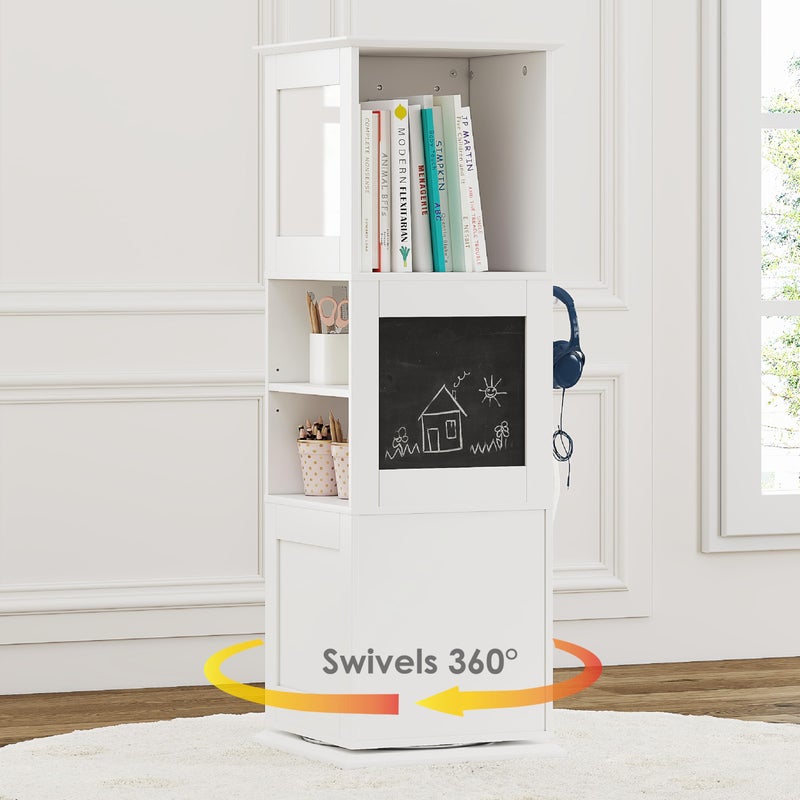 برج رفوف كتب دوار للأطفال مع لوحات سوداء وخطافات لتنظيم تخزين الألعاب لغرفة الأطفال، حضانة، غرفة نوم، غرفة معيشة بيضاء
