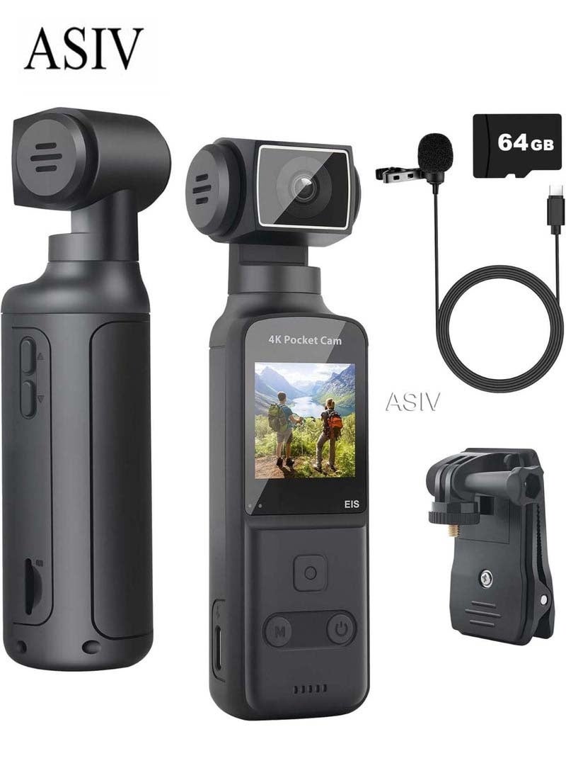 ASIV 4K HD Camera, 270° Rotatable Large Wide Angle, Included 64G Card, 30m/98ft Underwater Camera with & Mic for Outdoor Riding Diving Shooting Vlog , 1000mAh Rechargeable - Image 1