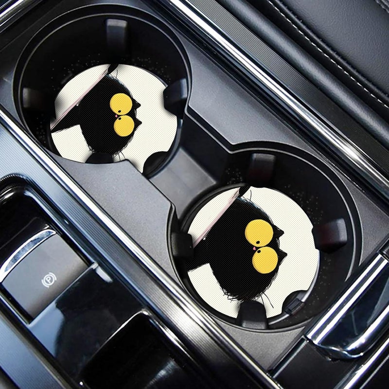 WOCOCN Cute Cup Holder Coasters for Your Car with Fingertip Grip, Auto Accessories for Women & Men,Pack of 2(Black Cat) - Image 1