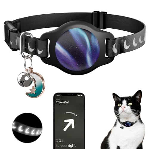 typecase Cat Collar with Airtag Holder, Breakaway Airtag Cat Collar for Apple Air Tag with Luminous & Reflective Pattern, Waterproof GPS Cat Tracker Collars for Boy Girl Cats Kittens with Bell, Black (8-12") - Image 1