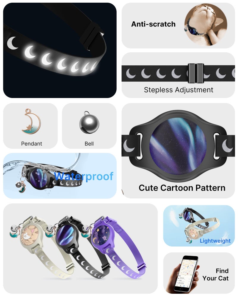 typecase Cat Collar with Airtag Holder, Breakaway Airtag Cat Collar for Apple Air Tag with Luminous & Reflective Pattern, Waterproof GPS Cat Tracker Collars for Boy Girl Cats Kittens with Bell, Black (8-12") - Image 3