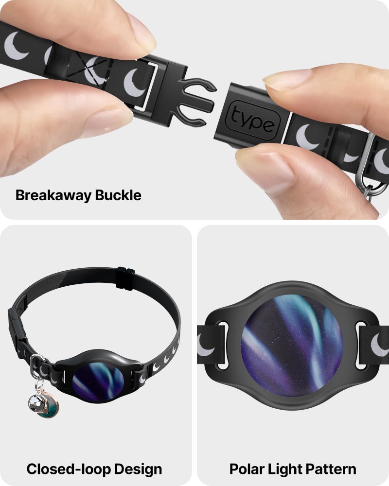 typecase Cat Collar with Airtag Holder, Breakaway Airtag Cat Collar for Apple Air Tag with Luminous & Reflective Pattern, Waterproof GPS Cat Tracker Collars for Boy Girl Cats Kittens with Bell, Black (8-12") - Image 5