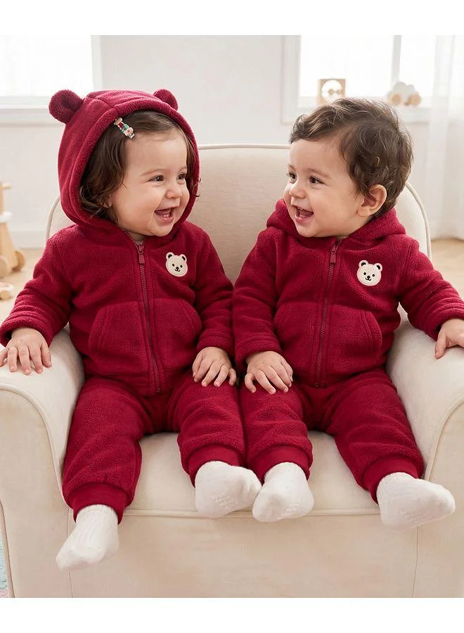 Babyhug Babyhug Fur Woven Full Sleeves Hooded Winter Wear Suit with Bear Applique - Burgundy