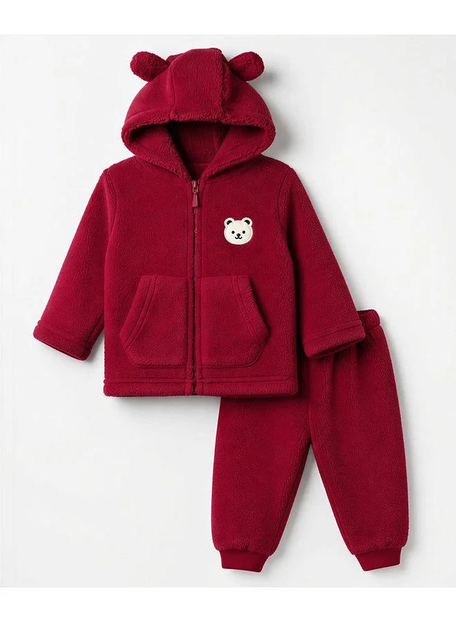 Babyhug Babyhug Fur Woven Full Sleeves Hooded Winter Wear Suit with Bear Applique - Burgundy