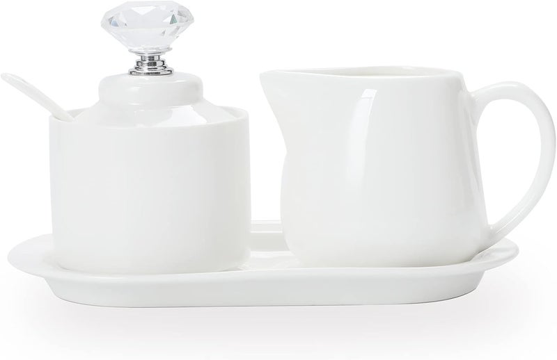 ONTUBE Porcelain Sugar and Creamer with tray and Crystal Lid Set of 4, Silver - Image 1