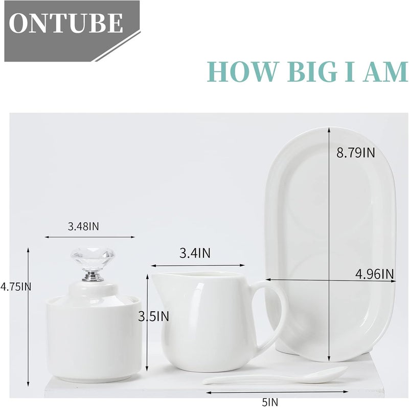ONTUBE Porcelain Sugar and Creamer with tray and Crystal Lid Set of 4, Silver - Image 5