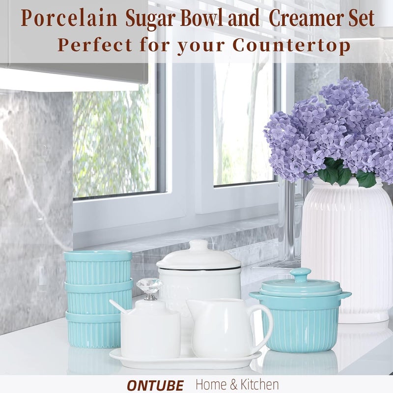 ONTUBE Porcelain Sugar and Creamer with tray and Crystal Lid Set of 4, Silver - Image 4