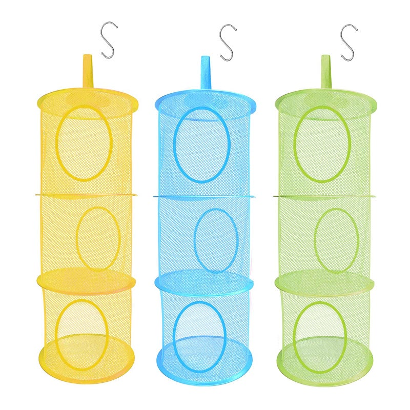 LIVEHITOP 3PC Hanging Mesh Storage Basket Small Toy Box 3 Tier Collapsible Network Storage Space Save Bags Organizer for Toys Small Clothes YellowGreen Blue