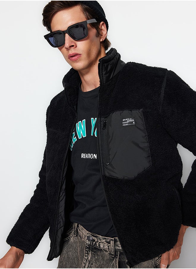 trendyol Black Regular Fit Label Detailed Welsoft Plush Winter Coat TMNAW24MO00007  - Image 1