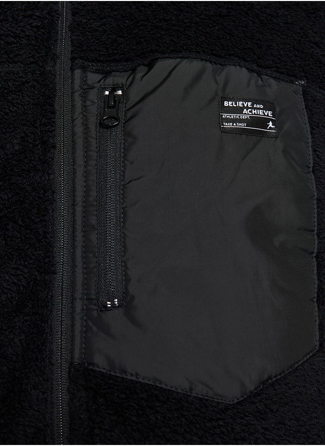 trendyol Black Regular Fit Label Detailed Welsoft Plush Winter Coat TMNAW24MO00007  - Image 4